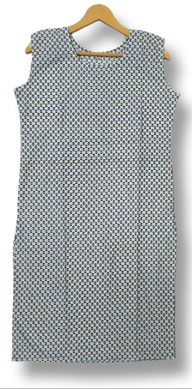 PRINTED COTTON SLEEVELESS KURTI WITH ATTACHED SLEEVES