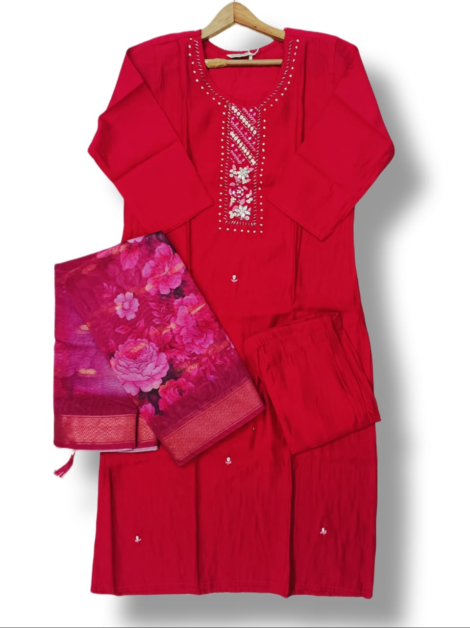 FANCY ROMAN SILK KURTI PANT SET WITH DIGITAL DUPATTA