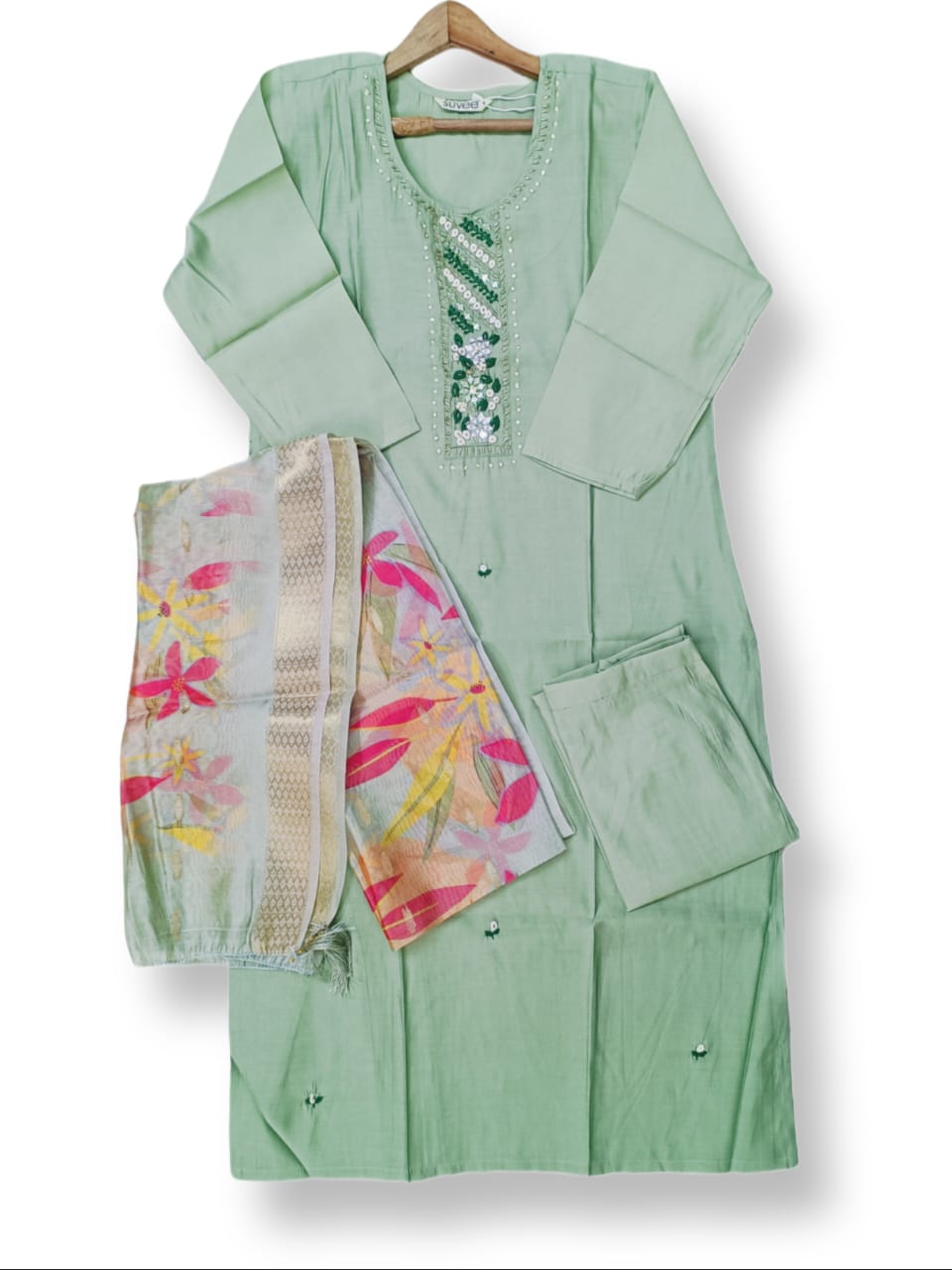 FANCY ROMAN SILK KURTI PANT SET WITH DIGITAL DUPATTA