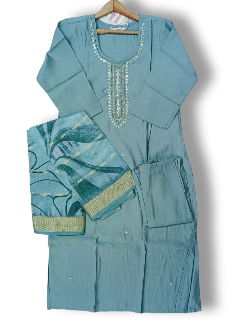 FANCY ROMAN SILK KURTI PANT SET WITH DIGITAL DUPATTA