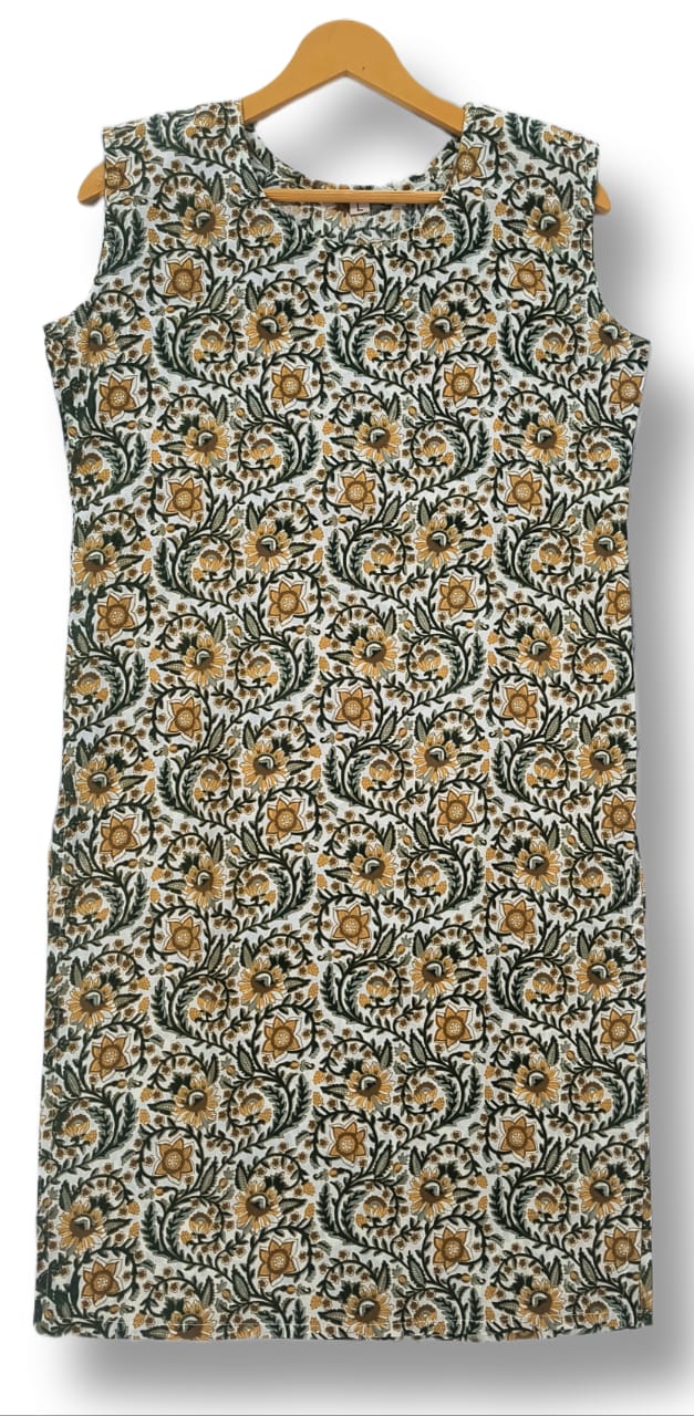 PRINTED COTTON SLEEVELESS KURTI WITH ATTACHED SLEEVES