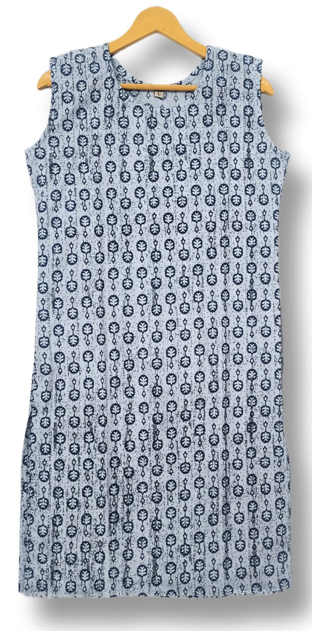 PRINTED COTTON SLEEVELESS KURTI WITH ATTACHED SLEEVES