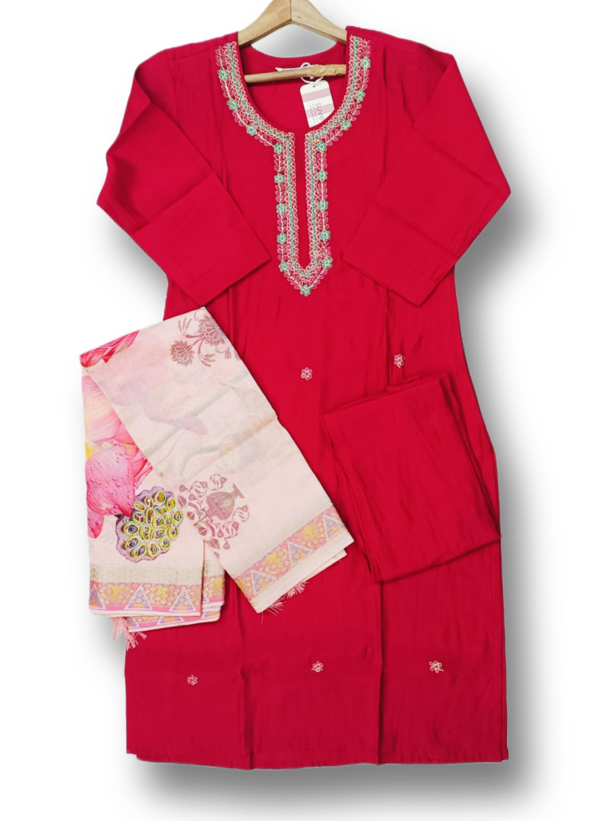 FANCY ROMAN SILK KURTI PANT SET WITH DIGITAL DUPATTA