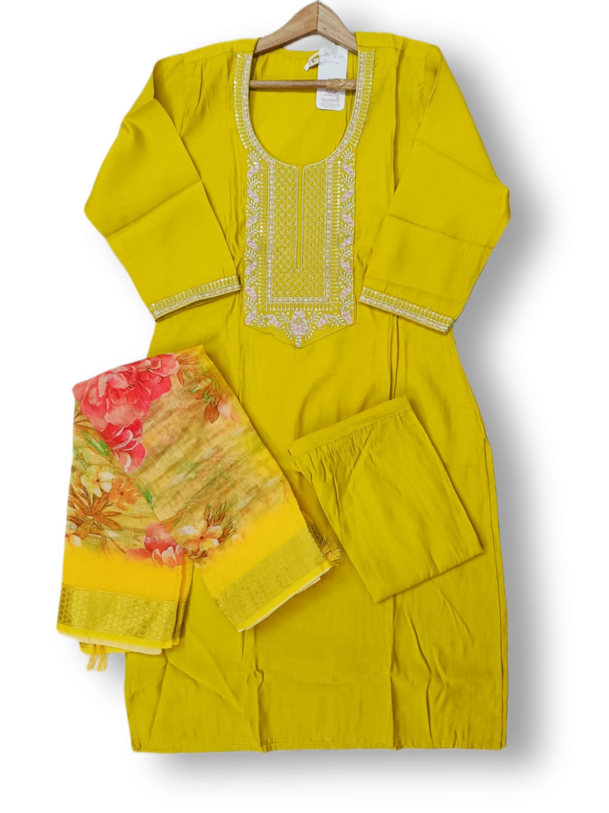 ZARI EMBROIDERY ROMAN SILK KURTI PANT SET WITH DIGITAL DUPATTA