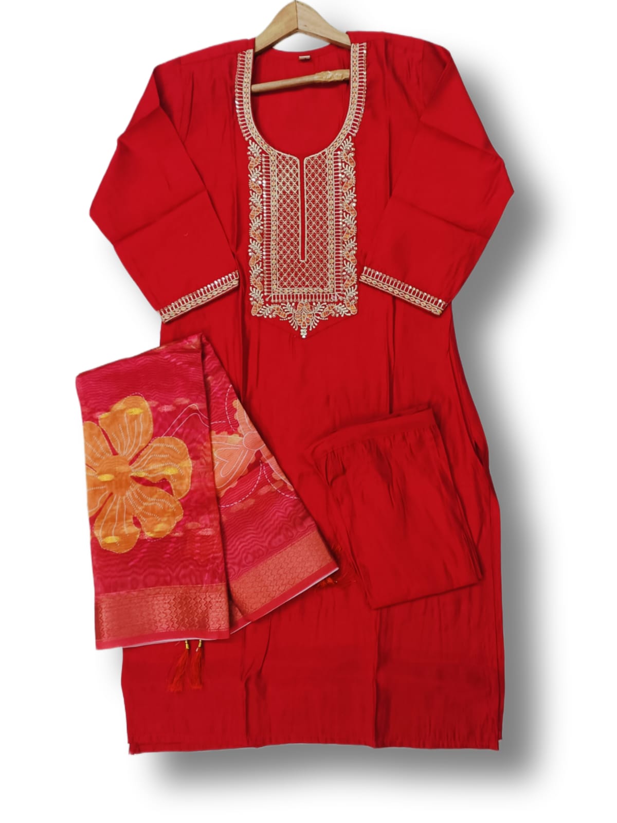 ZARI EMBROIDERY ROMAN SILK KURTI PANT SET WITH DIGITAL DUPATTA