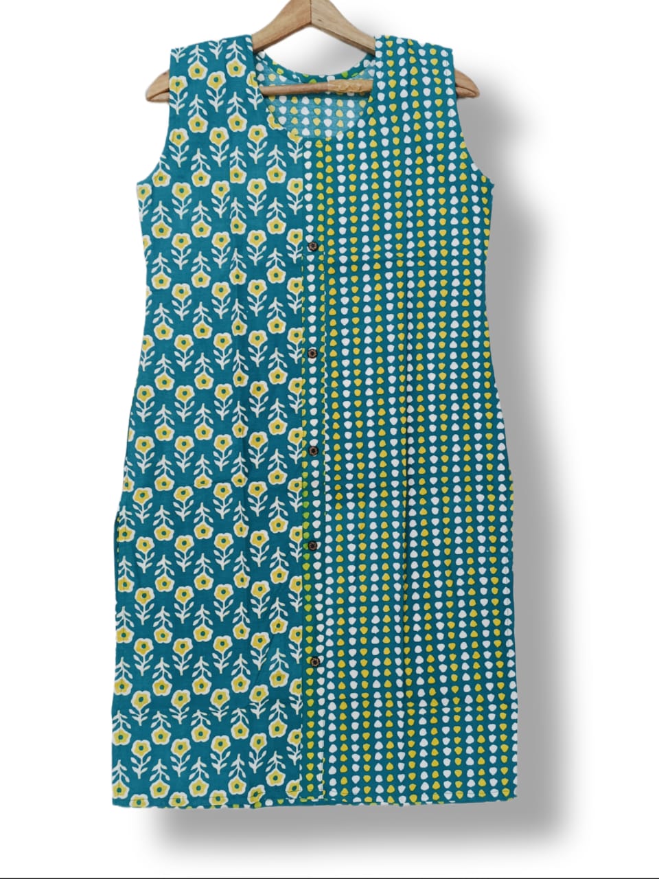 PRINTED COTTON MIX AND MATCH SLEEVE LESS KURTI