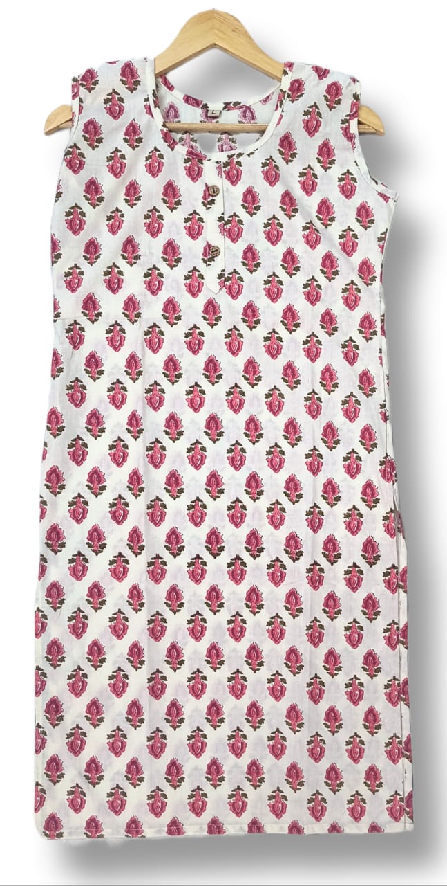 PRINTED COTTON SLEEVELESS KURTI WITH ATTACHED SLEEVES