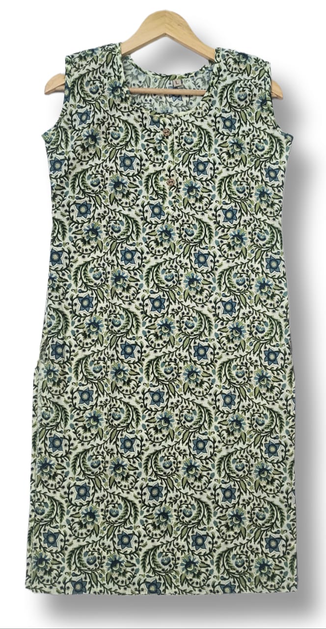 PRINTED COTTON SLEEVELESS KURTI WITH ATTACHED SLEEVES