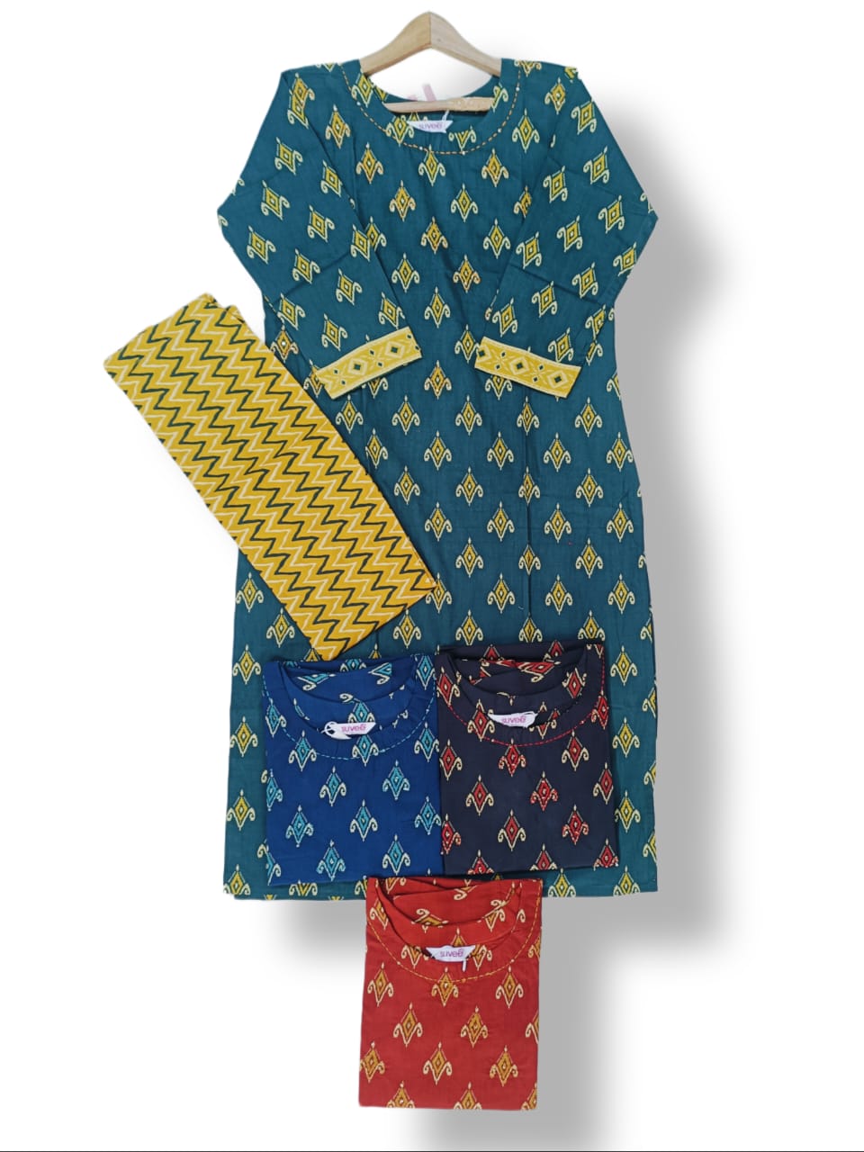 PRINTED COTTON HANDWORK KURTI PANT SET WITH POCKET