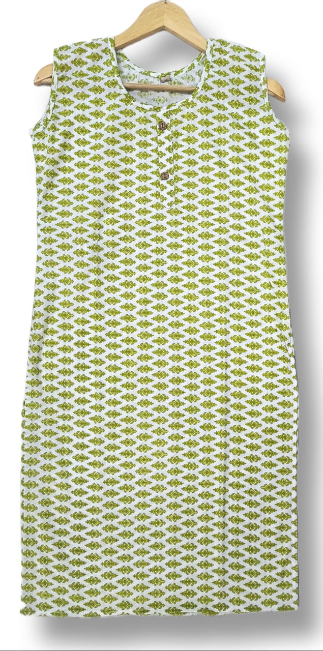 PRINTED COTTON SLEEVELESS KURTI WITH ATTACHED SLEEVES