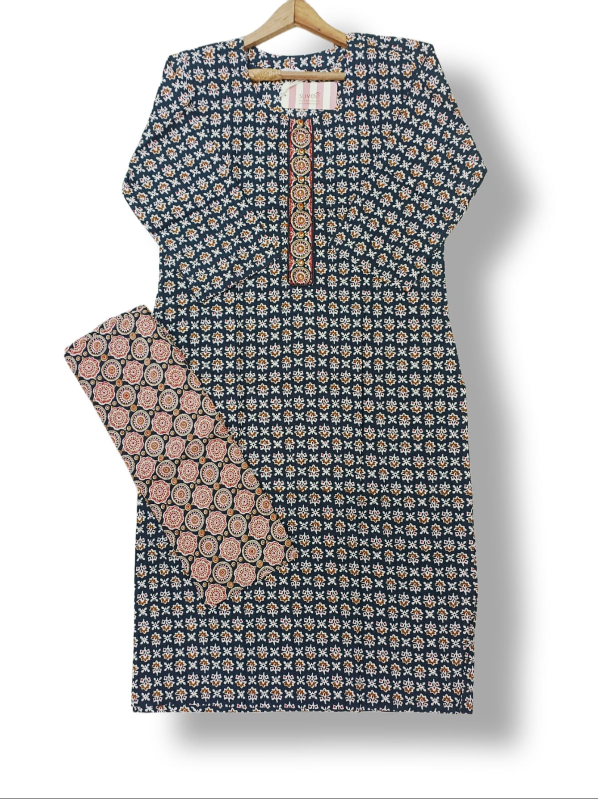 PRINTED COTTON EMBORDARY KURTI PANT SET