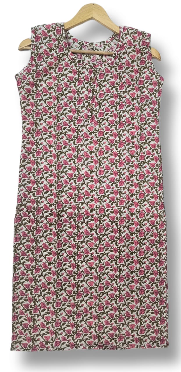 PRINTED COTTON SLEEVELESS KURTI WITH ATTACHED SLEEVES