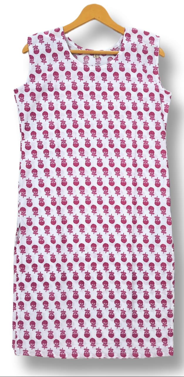 PRINTED COTTON SLEEVELESS KURTI WITH ATTACHED SLEEVES