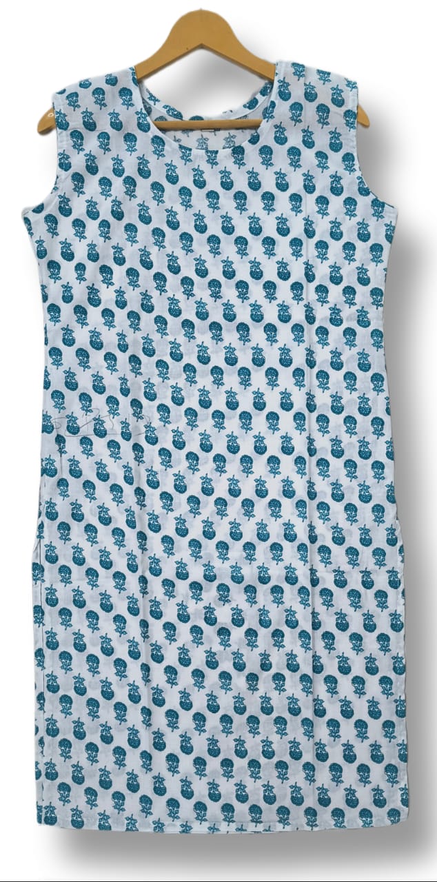 PRINTED COTTON SLEEVELESS KURTI WITH ATTACHED SLEEVES