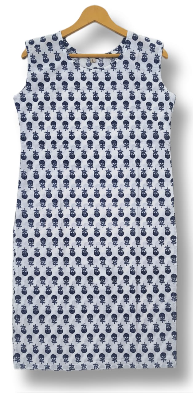 PRINTED COTTON SLEEVELESS KURTI WITH ATTACHED SLEEVES